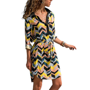 Elegant Striped Chiffon Shirt Dress | Long Sleeve Boho Party Dress for Summer - Rasmarv