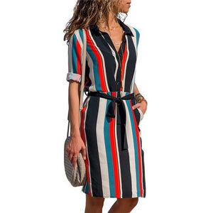 Elegant Striped Chiffon Shirt Dress | Long Sleeve Boho Party Dress for Summer - Rasmarv