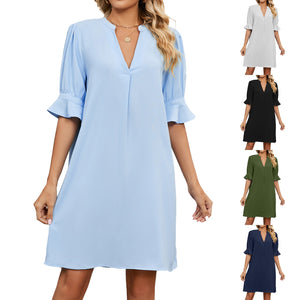 Stylish Solid V-Neck Dress | Summer Pleated Design with 3/4 Sleeves - Rasmarv