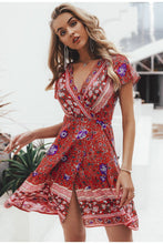 Load image into Gallery viewer, Elegant Boho Floral Mini Sundress | V - Neck with Ruffle and Bandage Accents - Rasmarv