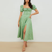 Load image into Gallery viewer, Flowy Floral Lace Maxi Dress with Puff Sleeves and High Slit Detail
