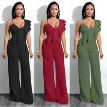 Load image into Gallery viewer, One Shoulder Ruffles Jumpsuits For Women Fashion V Neck Long Wide Leg Pants eprolo
