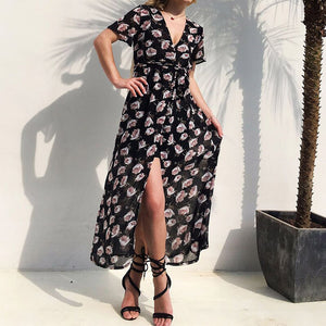 Summer Elegance Floral Print Maxi Dress | V-Neck with Sexy Side Split - Rasmarv