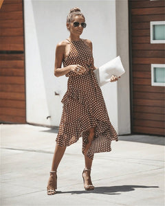 Elegant Sleeveless Ruffle Sundress | Polka Dot Print with Lace - Up Waist - Rasmarv