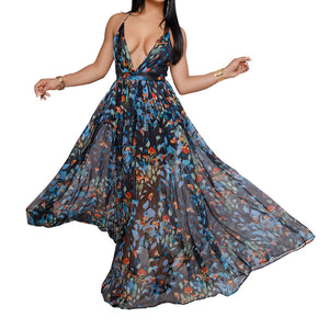 Vibrant Print Boho Party Dress | Deep V-Neck and Backless Summer Maxi - Rasmarv