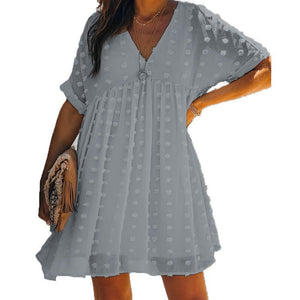 Casual V - Neck Jacquard Dress | Mid - Length with Short Sleeves for Summer - Rasmarv