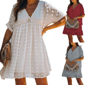 Casual V-Neck Jacquard Dress | Mid-Length with Short Sleeves for Summer