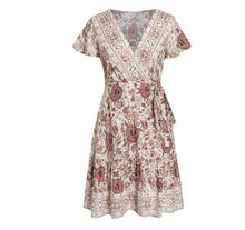 Load image into Gallery viewer, Elegant Boho Floral Mini Sundress | V-Neck with Ruffle and Bandage Accents