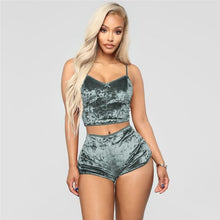 Load image into Gallery viewer, Echoine Sexy Bodycon Two Piece Set Women Velvet Spaghetti Straps Bow Lace Elastic Sleeveless V - Neck Crop Tops Short Pants Suit - Rasmarv