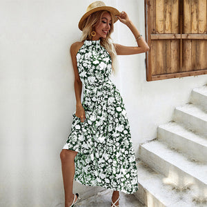 Elegant Summer Halter Dress | French Style with Sleeveless Slit Print