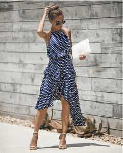 Elegant Sleeveless Ruffle Sundress | Polka Dot Print with Lace - Up Waist - Rasmarv