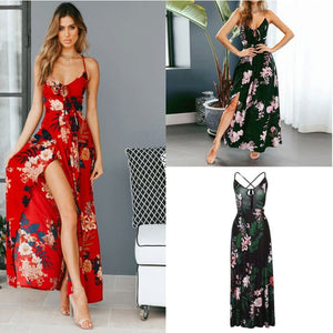 Red Boho Floral Spaghetti Strap Maxi Dress | Deep V & Flowy Silhouette