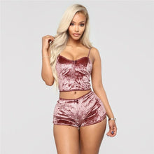 Load image into Gallery viewer, Echoine Sexy Bodycon Two Piece Set Women Velvet Spaghetti Straps Bow Lace Elastic Sleeveless V - Neck Crop Tops Short Pants Suit - Rasmarv