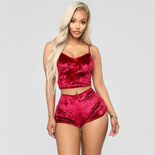 Load image into Gallery viewer, Echoine Sexy Bodycon Two Piece Set Women Velvet Spaghetti Straps Bow Lace Elastic Sleeveless V - Neck Crop Tops Short Pants Suit - Rasmarv