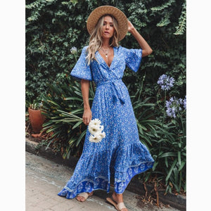 Elegant Frieda Floral Maxi Dress | Summer Boho Style with V - Neck - Rasmarv