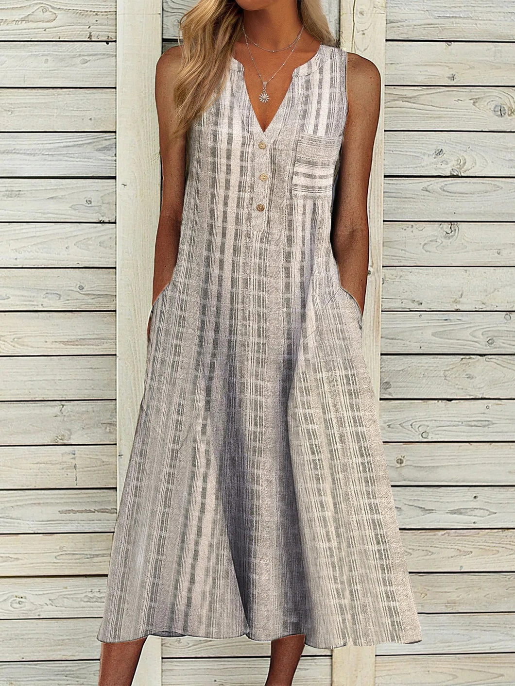 Casual Summer Stripe Dress | Sleeveless V-Neck with Functional Pockets - Rasmarv