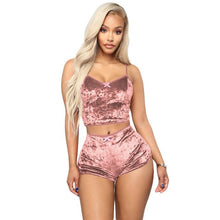 Load image into Gallery viewer, Echoine Sexy Bodycon Two Piece Set Women Velvet Spaghetti Straps Bow Lace Elastic Sleeveless V - Neck Crop Tops Short Pants Suit - Rasmarv