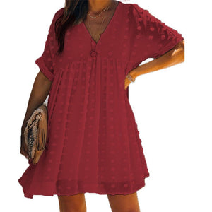 Casual V - Neck Jacquard Dress | Mid - Length with Short Sleeves for Summer - Rasmarv