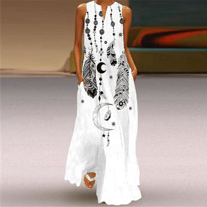 Elegant Sleeveless Long Dress | V-Neck with Digital Print and Functional Pockets