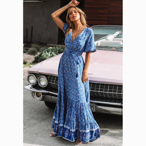 Elegant Frieda Floral Maxi Dress | Summer Boho Style with V - Neck - Rasmarv