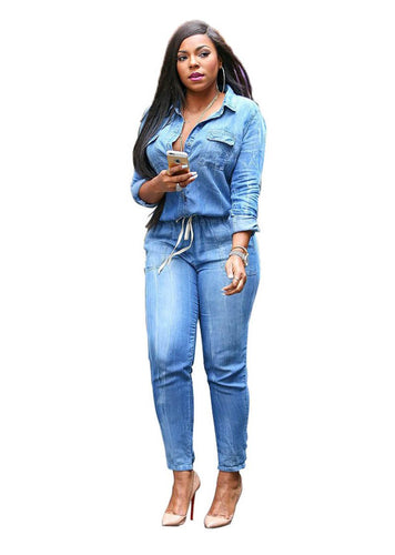 Adogirl Vintage Plus Size Jeans Jumpsuit Turn Down Collar Long Sleeve Bandage Denim Rompers Women Bodysuits Combinaison S - 3XL - Rasmarv