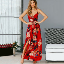 Load image into Gallery viewer, Red Boho Floral Spaghetti Strap Maxi Dress | Deep V &amp; Flowy Silhouette - Rasmarv