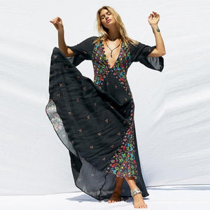 Sexy Black Floral Kimono Dress | Ethnic Print & Relaxed Fit for Summer - Rasmarv