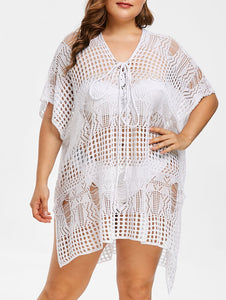 Elegant Crochet Beach Dress | V - Neck, Side Slit & Asymmetrical Cover - Up - Rasmarv