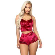 Load image into Gallery viewer, Echoine Sexy Bodycon Two Piece Set Women Velvet Spaghetti Straps Bow Lace Elastic Sleeveless V - Neck Crop Tops Short Pants Suit - Rasmarv