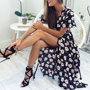 Summer Elegance Floral Print Maxi Dress | V-Neck with Sexy Side Split - Rasmarv