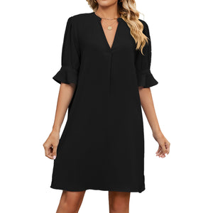 Stylish Solid V-Neck Dress | Summer Pleated Design with 3/4 Sleeves - Rasmarv