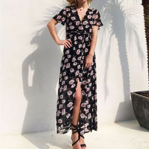 Summer Elegance Floral Print Maxi Dress | V-Neck with Sexy Side Split