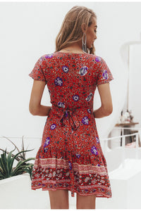 Elegant Boho Floral Mini Sundress | V - Neck with Ruffle and Bandage Accents - Rasmarv