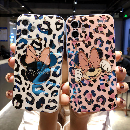 Leopard-Print Mickey and Minnie for iPhone 12promax Mobile Phone Case Flash Drill Apple 11 Drops Of Glue 13 Soft Cover 7/8p Case - Rasmarv