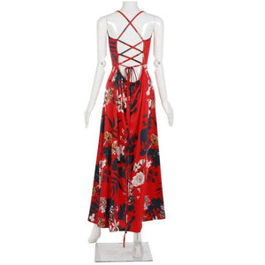 Red Boho Floral Spaghetti Strap Maxi Dress | Deep V & Flowy Silhouette
