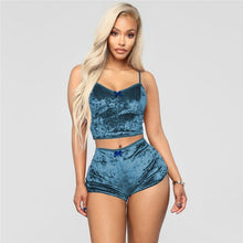 Load image into Gallery viewer, Echoine Sexy Bodycon Two Piece Set Women Velvet Spaghetti Straps Bow Lace Elastic Sleeveless V - Neck Crop Tops Short Pants Suit - Rasmarv