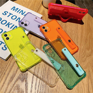 Wrist Strap Transparent Phone Case For iPhone 11 11Pro Max XR XS Max X 7 8 Plus 11Pro 12 Pro Fluorescent Color Soft Back Cover eprolo