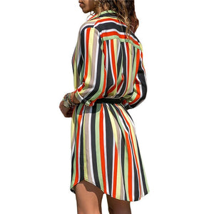 Elegant Striped Chiffon Shirt Dress | Long Sleeve Boho Party Dress for Summer - Rasmarv