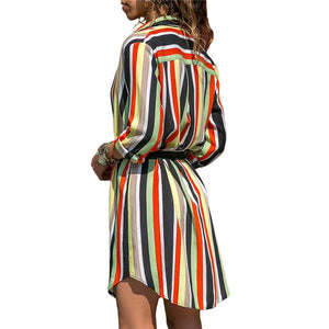 Elegant Striped Chiffon Shirt Dress | Long Sleeve Boho Party Dress for Summer