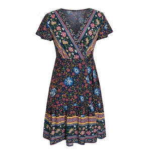 Elegant Boho Floral Mini Sundress | V - Neck with Ruffle and Bandage Accents - Rasmarv