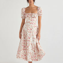 Load image into Gallery viewer, Flowy Floral Lace Maxi Dress with Puff Sleeves and High Slit Detail