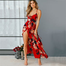 Load image into Gallery viewer, Red Boho Floral Spaghetti Strap Maxi Dress | Deep V &amp; Flowy Silhouette - Rasmarv