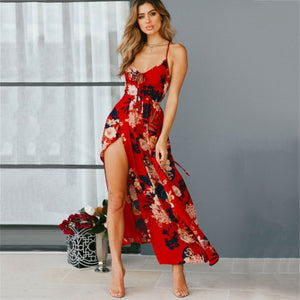 Red Boho Floral Spaghetti Strap Maxi Dress | Deep V & Flowy Silhouette