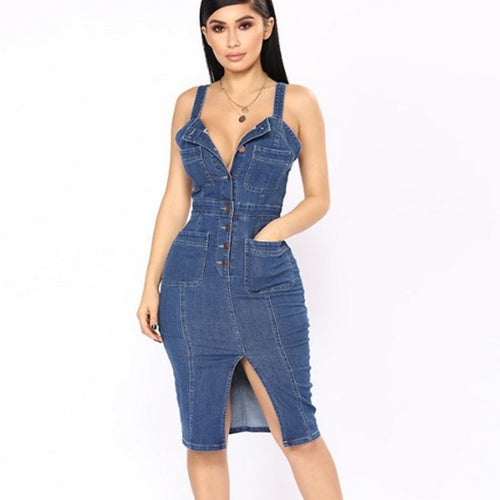 Female Sexy Spaghetti Strap Sleeveless Jeans Dresses  Clothing Women Single Breasted Party Ladies Split Denim Dress eprolo