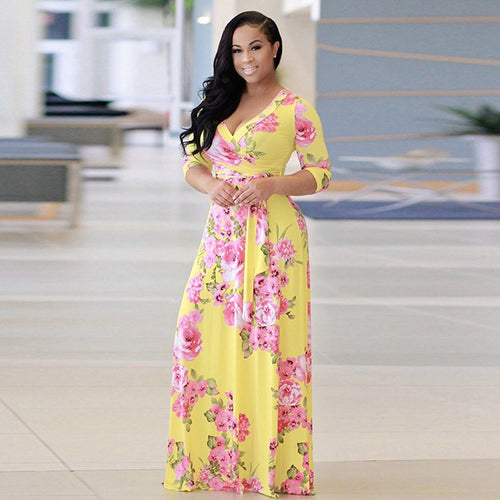 Sexy V Neck Women Robe Dress, Floral Long Loose Maxi Dress, curvy plus size eprolo