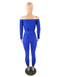Two Piece Set Autumn Outfits Tracksuit Women Blue Ribbed Striped Slash Neck Short Tops Pencil  Pants eprolo