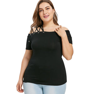 Plus Size Off The Shoulder Strappy Women T-shirt eprolo