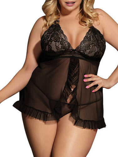 Plus Size Scalloped Trim Lace Panel Babydoll eprolo