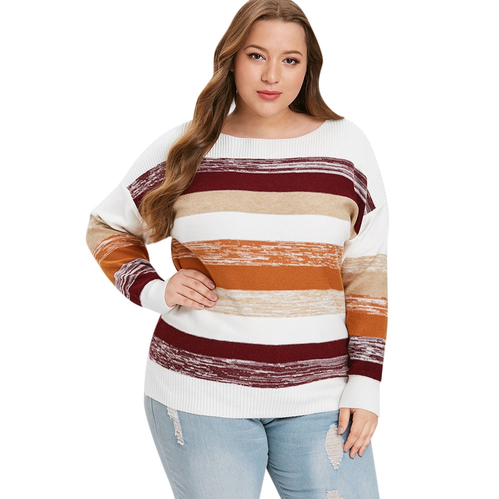 Plus Size Color Block Round Neck Sweater eprolo