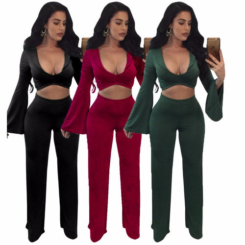 Spring two piece set Women tracksuit Plus size Sexy Solid color Crop Top Tight cropped tops Long Pant eprolo